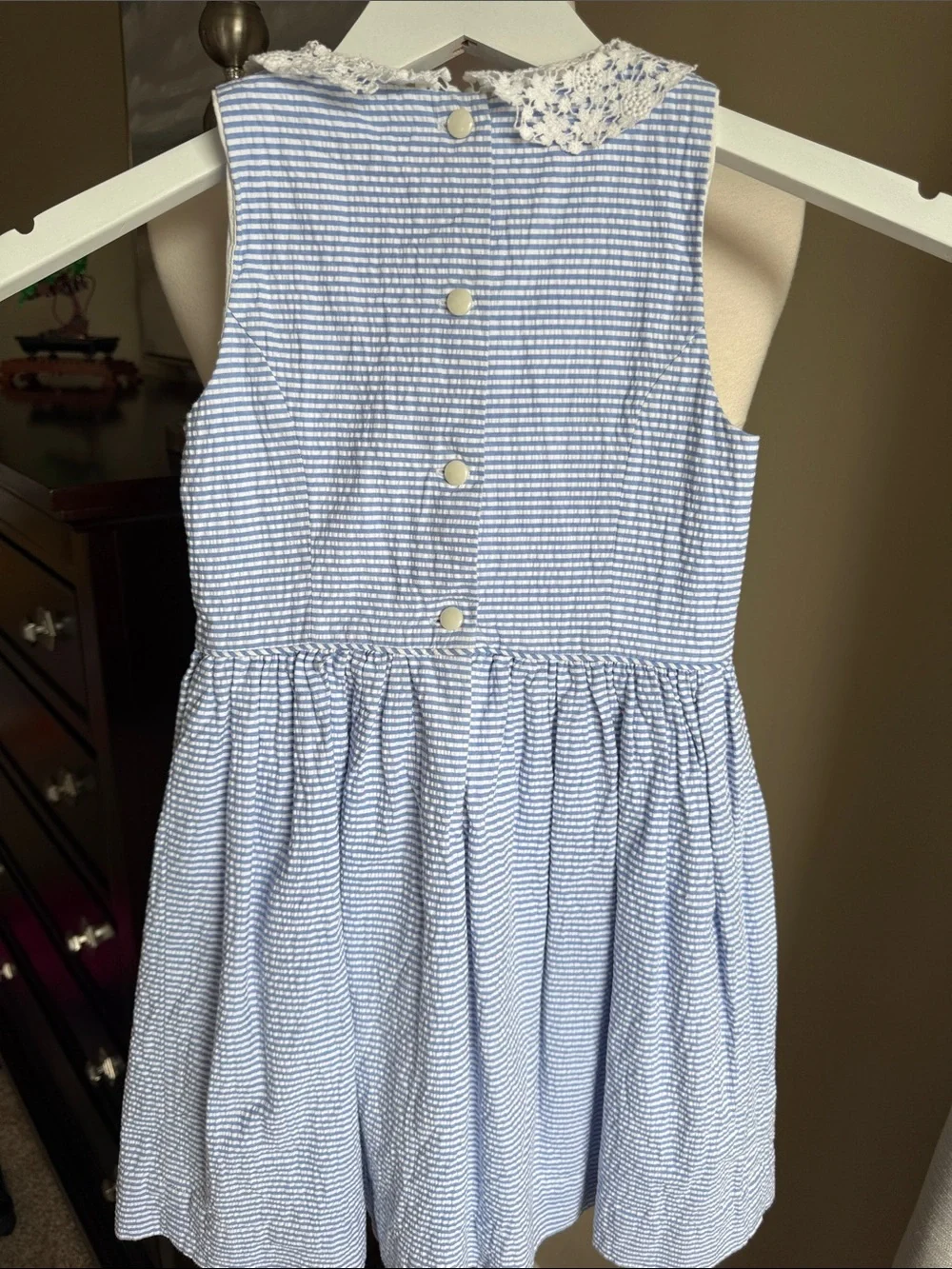 Polo Ralph Lauren Blue and White Seersucker Dress, Lace Collar girls size 6
